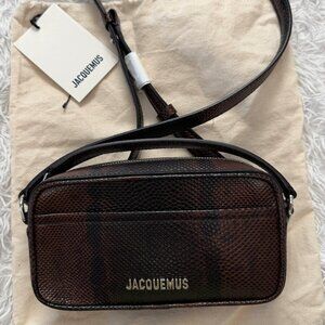 Jacquemus Le Baneto Snakeskin Embossed Leather Camera Bag Dark BrownNew with tag